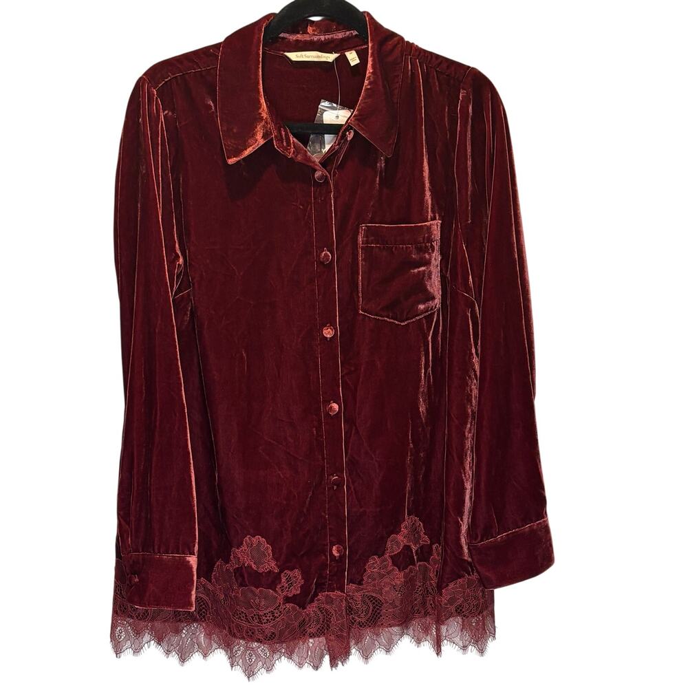 Soft Surroundings NWT Eden Velvet & Lace Shirt in Cabernet - size Medium